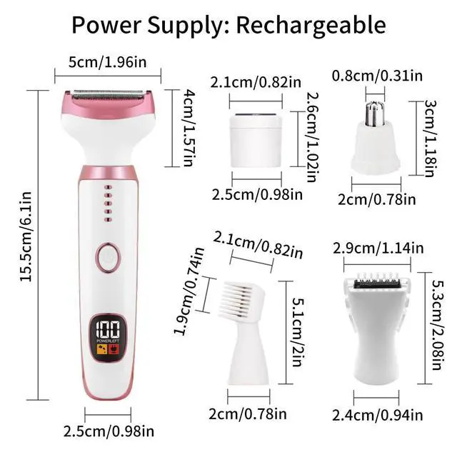 Alt view image 3 of 6 - Electric Razors for Women, Bikini Trimmer for Women 5 in 1 Body Shaver for Nose Hair Face Eyebrow Arms Legs Armpit Underarm Pubic Area, Replaceable Lady Facial Razor Painless USB Charge Female Gift