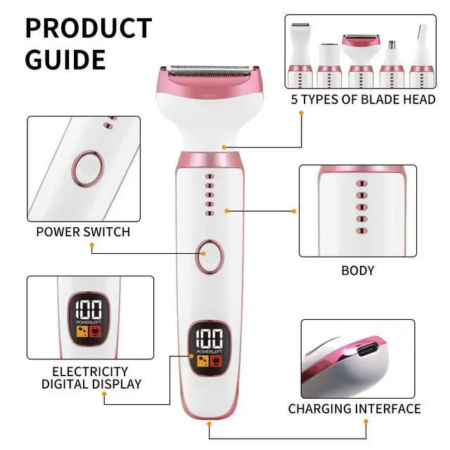 Alt view image 4 of 6 - Electric Razors for Women, Bikini Trimmer for Women 5 in 1 Body Shaver for Nose Hair Face Eyebrow Arms Legs Armpit Underarm Pubic Area, Replaceable Lady Facial Razor Painless USB Charge Female Gift