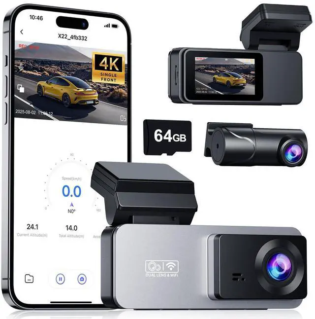 Main image of Dash Cam Front and Rear, 4K Front Dash Cam, 3K+1080P Dual Dash Camera for Cars, Built-in WiFi, Car Dashcams with Night Vision, Free 64GB Card, 24H Parking Mode, App Control, Silvery