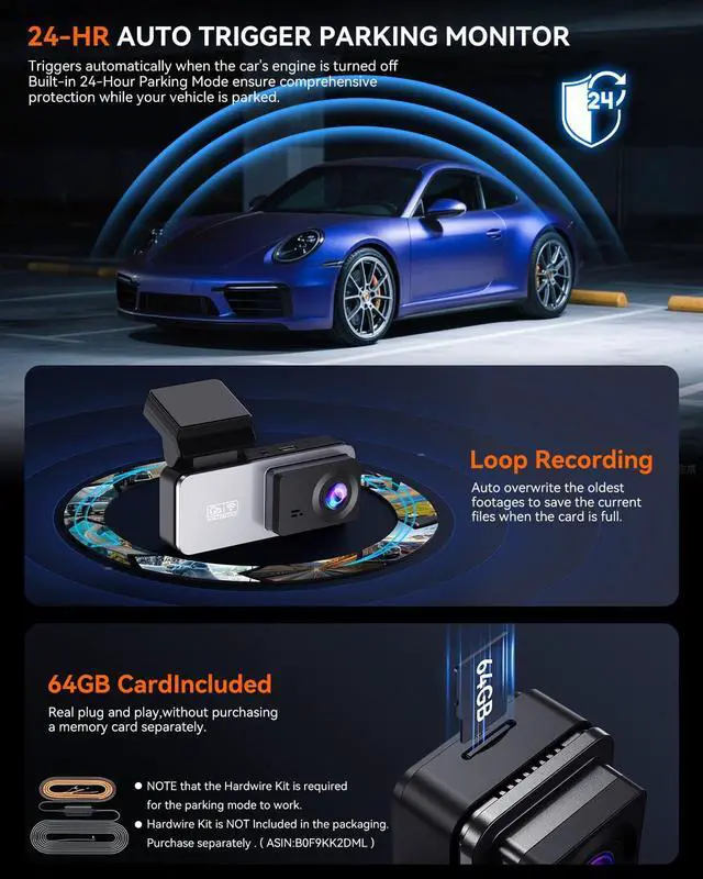 Alt view image 6 of 6 - Dash Cam Front and Rear, 4K Front Dash Cam, 3K+1080P Dual Dash Camera for Cars, Built-in WiFi, Car Dashcams with Night Vision, Free 64GB Card, 24H Parking Mode, App Control, Silvery
