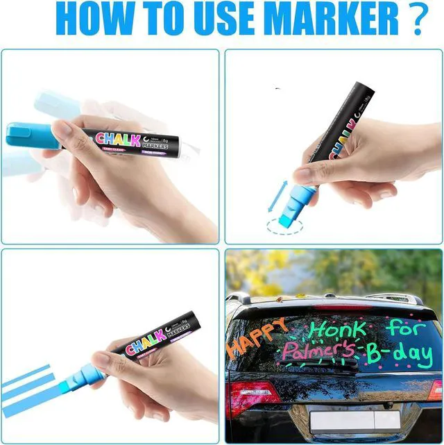 Alt view image 7 of 7 - Window Chalk Markers for Cars Glass Washable, 8 Colors Jumbo Liquid Chalk Marker Pens with 10mm 3 in 1 Nib Wide Tip, Chalkboard Markers Car Window Paint Pen for Auto, Mirror, Poster
