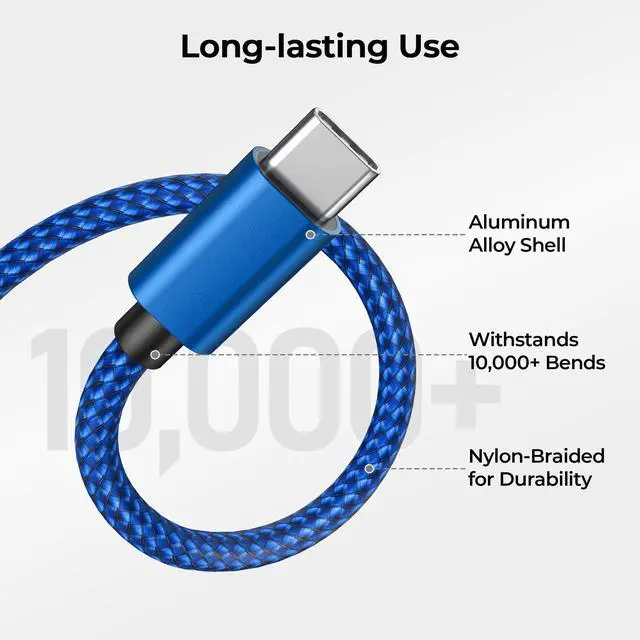Alt view image 3 of 7 - for iPhone 17 16 Pro Max Charger Cord,USB to USB C Cable,Type C Charging Power Cord for Apple 17e 15 iPad 10 Air 4 5,Samsung Galaxy S26 S25 S24 S23,Blue,2Pack 10FT(3M)