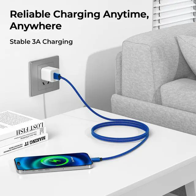 Alt view image 6 of 7 - for iPhone 17 16 Pro Max Charger Cord,USB to USB C Cable,Type C Charging Power Cord for Apple 17e 15 iPad 10 Air 4 5,Samsung Galaxy S26 S25 S24 S23,Blue,2Pack 10FT(3M)