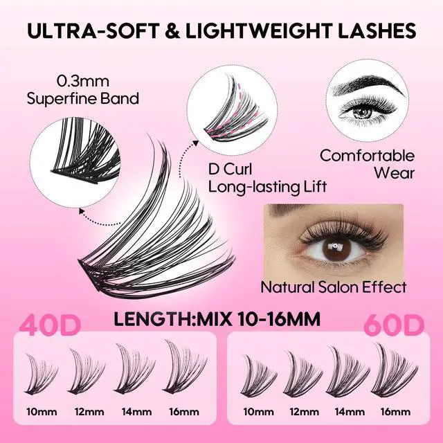 Alt view image 5 of 7 - Lash Extensions 40D+60D Cluster 240pcs DIY Wispy Lash Clusters 10-16mm Eyelash Clusters for Beginners At Home Individual Thin Band Lash Kit (40D+60D Kit)