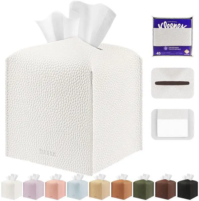 Main image of Tissue Box Cover Holder Square Tissue Cube Cover PU Leather Tissue Organizer with Bottom Belt for Bathroom, Tabletop, Car, Night Stands, Office, Home, Kitchen (1, White)