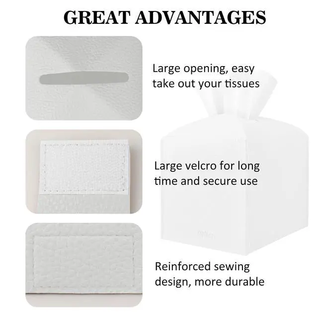 Alt view image 4 of 6 - Tissue Box Cover Holder Square Tissue Cube Cover PU Leather Tissue Organizer with Bottom Belt for Bathroom, Tabletop, Car, Night Stands, Office, Home, Kitchen (1, White)
