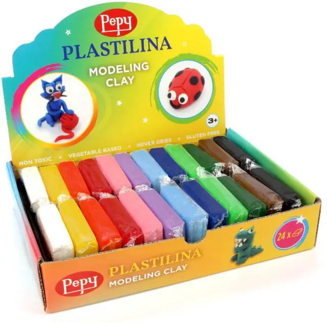 Main image of Plastilina Reusable and Non-Drying Modeling Clay Gift Set; Set of 24 Bars, 1.4 Ounce Each, 2 Each of 12 Colors, Perfect for Arts and Crafts Projects, Multicolor