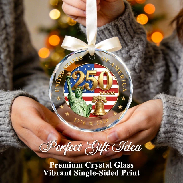 Alt view image 3 of 7 - 250 Anniversary USA Ornament, Crystal Glass Patriotic Christmas Ornament | 1776-2026 Keepsake with Liberty Bell, Statue of Liberty & US Flag for Veterans Day, 4th of July Decorations & Holiday Gifting