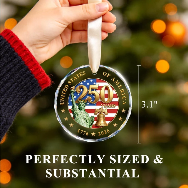 Alt view image 4 of 7 - 250 Anniversary USA Ornament, Crystal Glass Patriotic Christmas Ornament | 1776-2026 Keepsake with Liberty Bell, Statue of Liberty & US Flag for Veterans Day, 4th of July Decorations & Holiday Gifting