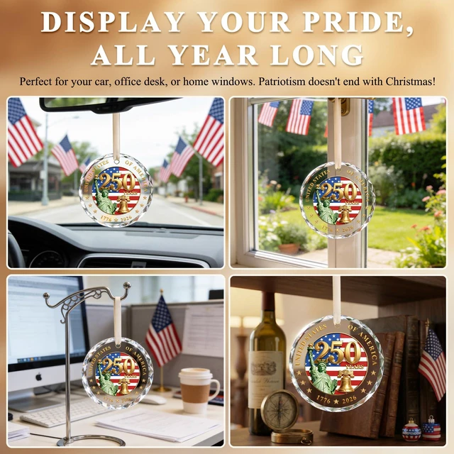 Alt view image 6 of 7 - 250 Anniversary USA Ornament, Crystal Glass Patriotic Christmas Ornament | 1776-2026 Keepsake with Liberty Bell, Statue of Liberty & US Flag for Veterans Day, 4th of July Decorations & Holiday Gifting