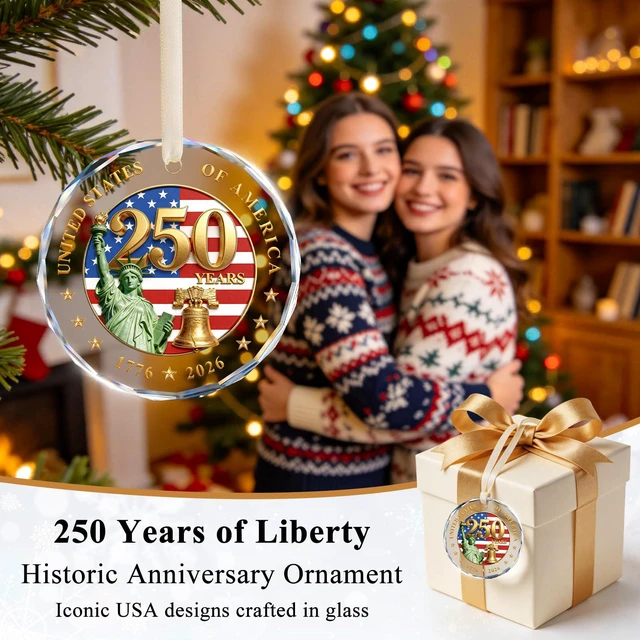 Alt view image 7 of 7 - 250 Anniversary USA Ornament, Crystal Glass Patriotic Christmas Ornament | 1776-2026 Keepsake with Liberty Bell, Statue of Liberty & US Flag for Veterans Day, 4th of July Decorations & Holiday Gifting