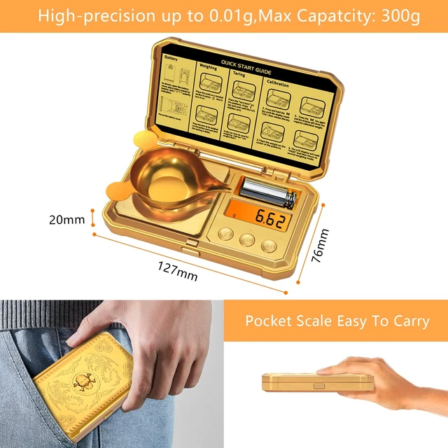 Alt view image 3 of 6 - Digital Pocket Gram Scale 300g x 0.01g Accuracywith 50g Weights | Small Mini High Precision Gold Scale Digital Weight Grams And Oz For Jewelry,DiamondArrows, Powders And Medicine
