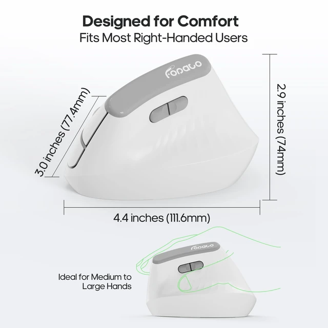 Alt view image 5 of 7 - Ergonomic Vertical Mouse, Silent Wireless Bluetooth Mouse | BT5.0 and 2.4G, 3 Adjustable DPI for PC,Mac,Laptop,Computer,Home,Office Use (White)