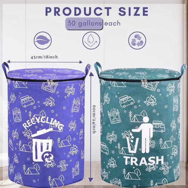 Alt view image 2 of 7 - 30 Gallon Collapsible Trash Can for RV Camping, Zip Lid | Portable, reusable. For RV, recycling, yard waste, leaf bag, toy bin, hiking, travel, weeds. Folds flat for storage.