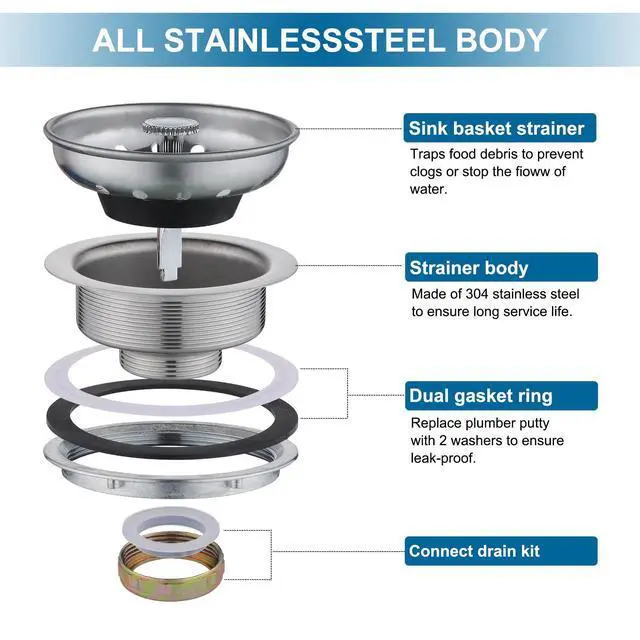 Alt view image 2 of 6 - Kitchen Sink Stainless Steel Basket Strainer with Drain Assembly, 3-1/2 Inch Sink Drain Stopper Plug