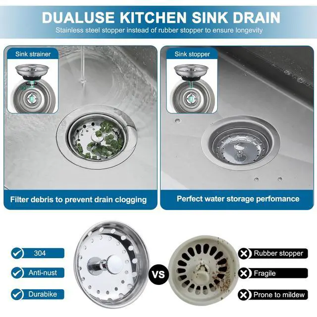 Alt view image 4 of 6 - Kitchen Sink Stainless Steel Basket Strainer with Drain Assembly, 3-1/2 Inch Sink Drain Stopper Plug