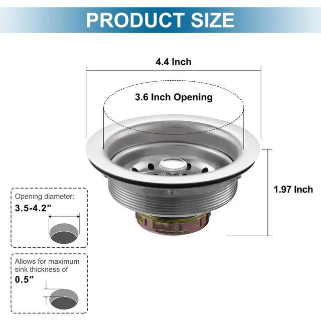 Alt view image 6 of 6 - Kitchen Sink Stainless Steel Basket Strainer with Drain Assembly, 3-1/2 Inch Sink Drain Stopper Plug
