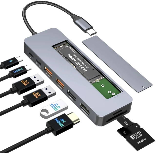 Main image of USB C Docking Station with M.2 NVMe SSD Enclosure 10Gbps, 9 in 1 USB-C Hub, Type C SSD Slot with 4K@60Hz HDMI, USB 3.2 Gen2, PD100W, SD/TF Card Reader, Laptop Docking Station for Dell/HP/Lenovo/Mac
