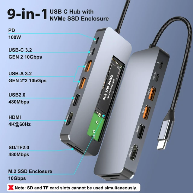 Alt view image 2 of 7 - USB C Docking Station with M.2 NVMe SSD Enclosure 10Gbps, 9 in 1 USB-C Hub, Type C SSD Slot with 4K@60Hz HDMI, USB 3.2 Gen2, PD100W, SD/TF Card Reader, Laptop Docking Station for Dell/HP/Lenovo/Mac