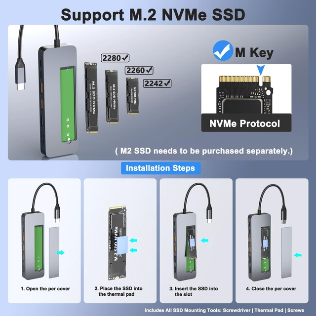 Alt view image 3 of 7 - USB C Docking Station with M.2 NVMe SSD Enclosure 10Gbps, 9 in 1 USB-C Hub, Type C SSD Slot with 4K@60Hz HDMI, USB 3.2 Gen2, PD100W, SD/TF Card Reader, Laptop Docking Station for Dell/HP/Lenovo/Mac