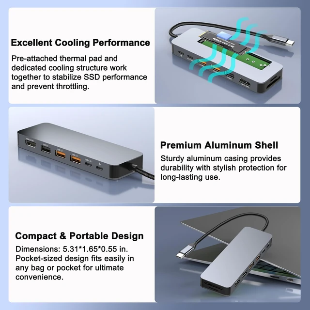 Alt view image 6 of 7 - USB C Docking Station with M.2 NVMe SSD Enclosure 10Gbps, 9 in 1 USB-C Hub, Type C SSD Slot with 4K@60Hz HDMI, USB 3.2 Gen2, PD100W, SD/TF Card Reader, Laptop Docking Station for Dell/HP/Lenovo/Mac