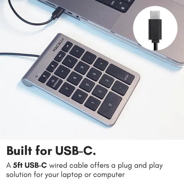 Alt view image 2 of 7 - USB C Wired Number Pad for Mac - 10 Key USB Keypad, Type C Numeric pad, Number Keypad for Keyboard and Number Pad for Laptop, MacBook Pro/Air, iMac, and PC - 5ft Cable Numpad - Space Grey Keypads