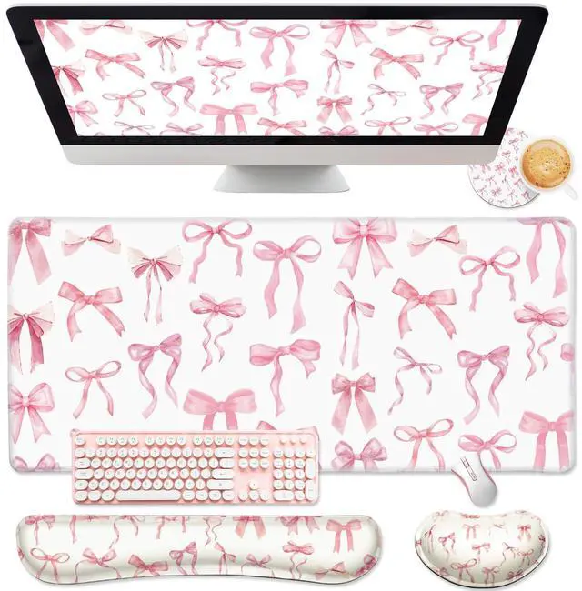 Main image of 4 Pcs Pink Bow Keyboard Mat and Mouse Pad Set Coquette Desk Mat Bowknot Mouse Pad with Wrist Rest Cute Keyboard Wrist Rest Preppy Cup Coasters Pink Ergonomic Design for Office Table Computer