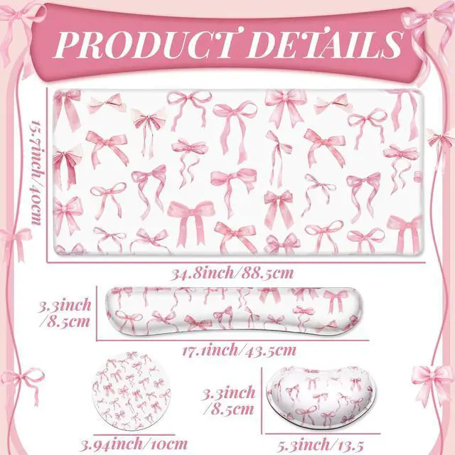 Alt view image 2 of 7 - 4 Pcs Pink Bow Keyboard Mat and Mouse Pad Set Coquette Desk Mat Bowknot Mouse Pad with Wrist Rest Cute Keyboard Wrist Rest Preppy Cup Coasters Pink Ergonomic Design for Office Table Computer