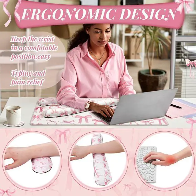 Alt view image 3 of 7 - 4 Pcs Pink Bow Keyboard Mat and Mouse Pad Set Coquette Desk Mat Bowknot Mouse Pad with Wrist Rest Cute Keyboard Wrist Rest Preppy Cup Coasters Pink Ergonomic Design for Office Table Computer