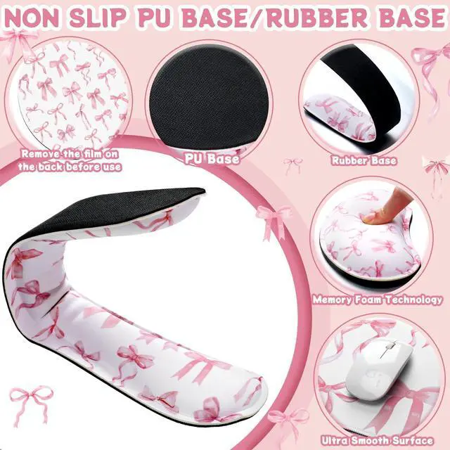 Alt view image 4 of 7 - 4 Pcs Pink Bow Keyboard Mat and Mouse Pad Set Coquette Desk Mat Bowknot Mouse Pad with Wrist Rest Cute Keyboard Wrist Rest Preppy Cup Coasters Pink Ergonomic Design for Office Table Computer