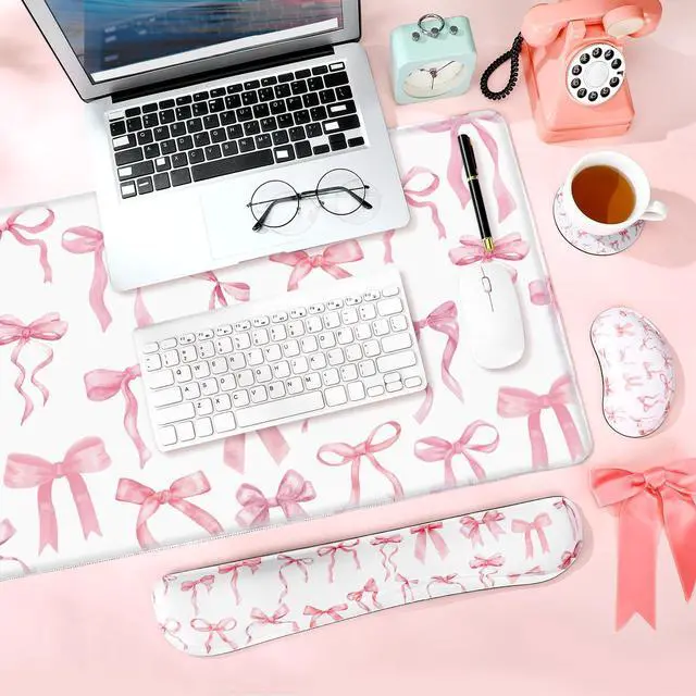 Alt view image 5 of 7 - 4 Pcs Pink Bow Keyboard Mat and Mouse Pad Set Coquette Desk Mat Bowknot Mouse Pad with Wrist Rest Cute Keyboard Wrist Rest Preppy Cup Coasters Pink Ergonomic Design for Office Table Computer