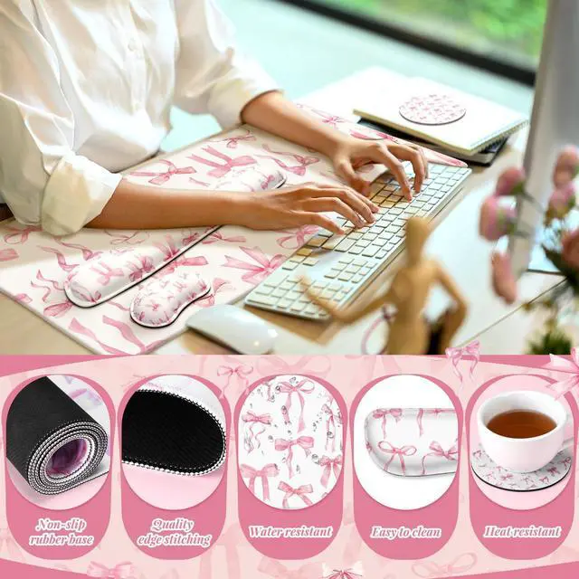 Alt view image 6 of 7 - 4 Pcs Pink Bow Keyboard Mat and Mouse Pad Set Coquette Desk Mat Bowknot Mouse Pad with Wrist Rest Cute Keyboard Wrist Rest Preppy Cup Coasters Pink Ergonomic Design for Office Table Computer