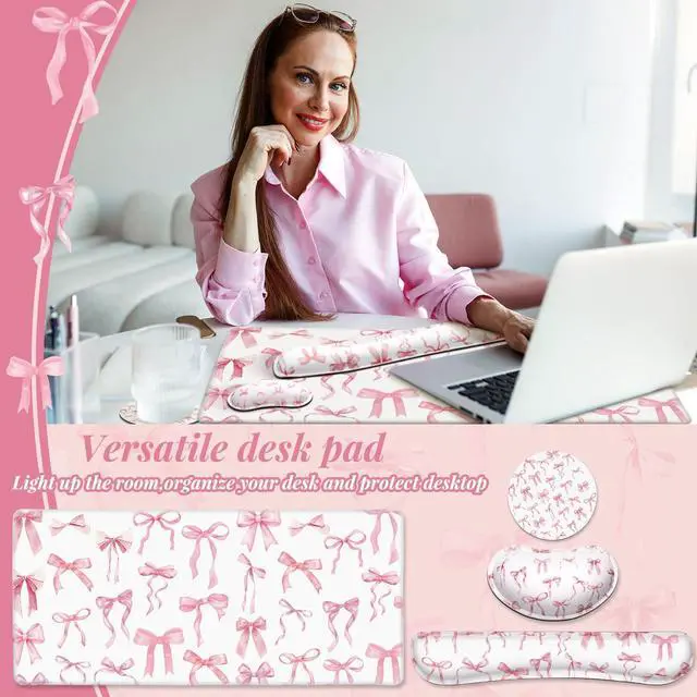 Alt view image 7 of 7 - 4 Pcs Pink Bow Keyboard Mat and Mouse Pad Set Coquette Desk Mat Bowknot Mouse Pad with Wrist Rest Cute Keyboard Wrist Rest Preppy Cup Coasters Pink Ergonomic Design for Office Table Computer