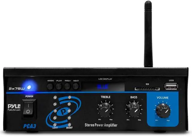 Main image of Powerful Mini Stereo Amplifier System 2x75W Compact 2 Channel Audio Receiver w/LED Display, 40Ft. Wireless Bluetooth Streaming, RCA Inputs, EQ Controls for HT System and Studio, w/FM Antenna