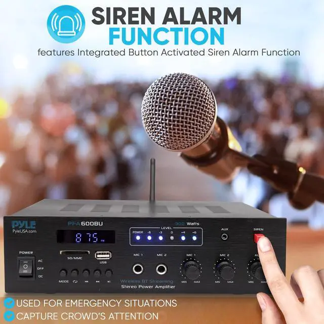 Alt view image 3 of 6 - 300W Bluetooth Karaoke Amplifier - 2-Channel PA System with FM Radio - USB/SD - AUX - 2 Mic Inputs - Siren Alarm - 12V Power Option - Remote Control for Home, Car, and Bus Tours - PFA600BU