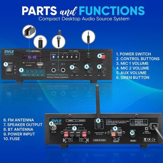 Alt view image 2 of 6 - 300W Bluetooth Karaoke Amplifier - 2-Channel PA System with FM Radio - USB/SD - AUX - 2 Mic Inputs - Siren Alarm - 12V Power Option - Remote Control for Home, Car, and Bus Tours - PFA600BU