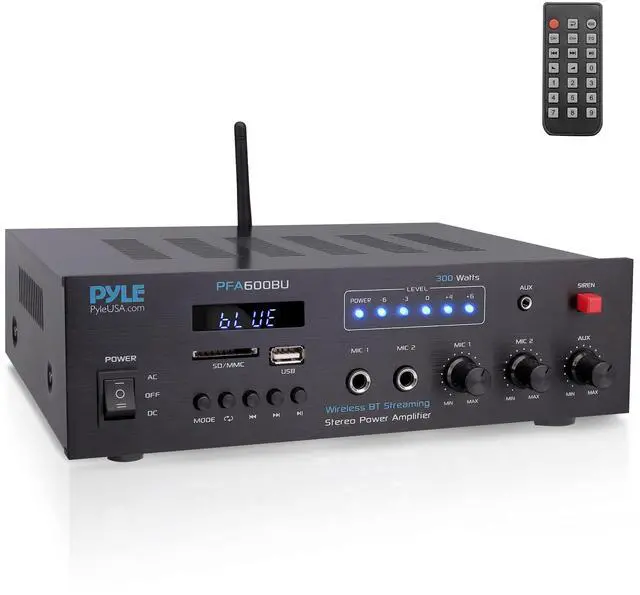 Main image of 300W Bluetooth Karaoke Amplifier - 2-Channel PA System with FM Radio - USB/SD - AUX - 2 Mic Inputs - Siren Alarm - 12V Power Option - Remote Control for Home, Car, and Bus Tours - PFA600BU