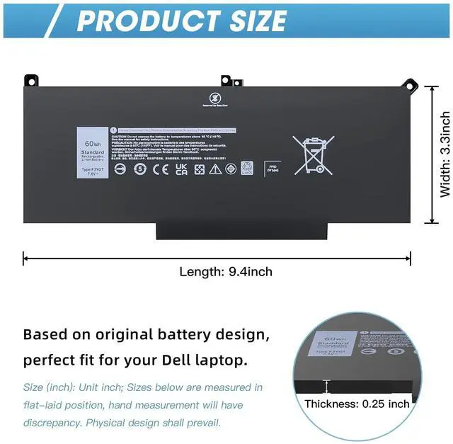 Alt view image 2 of 6 - Latitude 7480 7490 Battery F3YGT Laptop Replacement for Dell Latitude 14 7000 7480 7490 12 7280 7290 13 7390 7380 E7480 E7490 E7280 E7290 E7390 Fits KG7VF DM3WC P73G 451-BBYE 2X39G 453-BBCF DM6WC 60Wh