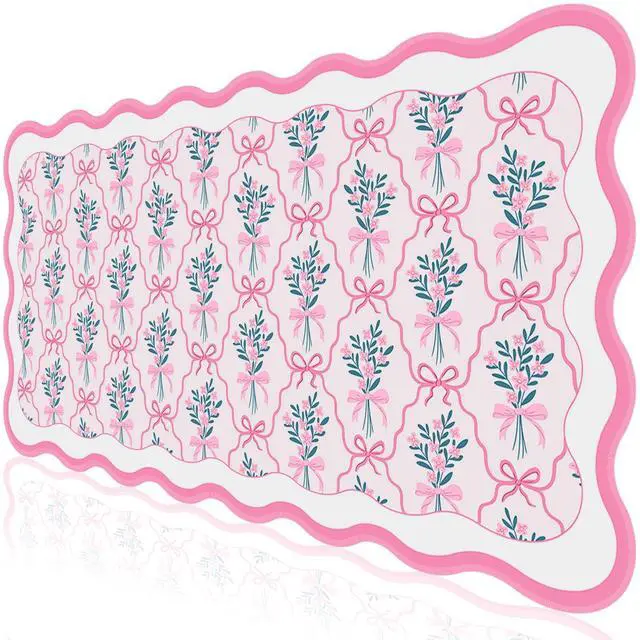 Main image of Pink Mouse Pad,Cute Desk Mat XXL Large Scalloped Gaming Mousepad,35.4x15.7in Non-Slip Rubber Base Keyboard Pad Waterproof Girly Desktop Mat for Laptop Computer Game Home Office-Flower Bow
