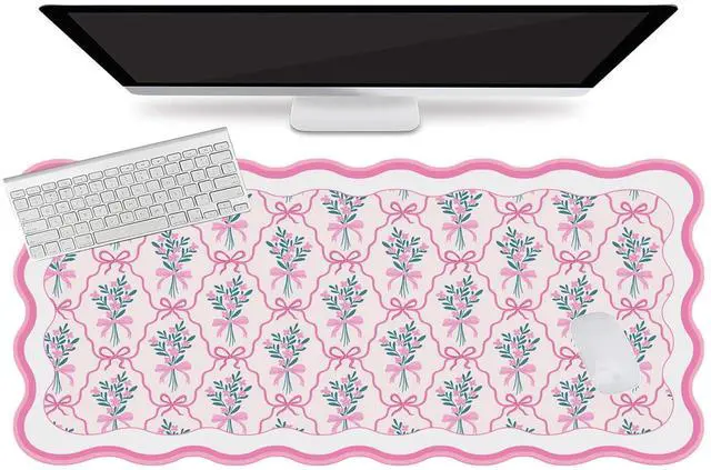 Alt view image 2 of 7 - Pink Mouse Pad,Cute Desk Mat XXL Large Scalloped Gaming Mousepad,35.4x15.7in Non-Slip Rubber Base Keyboard Pad Waterproof Girly Desktop Mat for Laptop Computer Game Home Office-Flower Bow