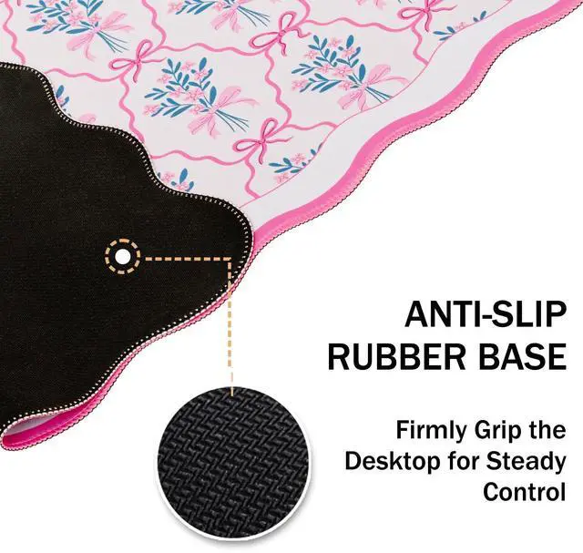 Alt view image 3 of 7 - Pink Mouse Pad,Cute Desk Mat XXL Large Scalloped Gaming Mousepad,35.4x15.7in Non-Slip Rubber Base Keyboard Pad Waterproof Girly Desktop Mat for Laptop Computer Game Home Office-Flower Bow