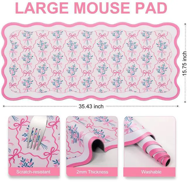 Alt view image 4 of 7 - Pink Mouse Pad,Cute Desk Mat XXL Large Scalloped Gaming Mousepad,35.4x15.7in Non-Slip Rubber Base Keyboard Pad Waterproof Girly Desktop Mat for Laptop Computer Game Home Office-Flower Bow