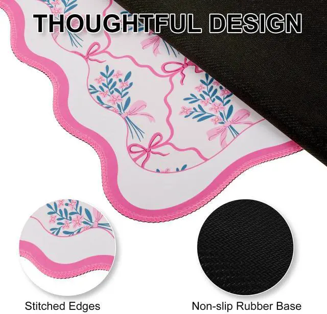 Alt view image 5 of 7 - Pink Mouse Pad,Cute Desk Mat XXL Large Scalloped Gaming Mousepad,35.4x15.7in Non-Slip Rubber Base Keyboard Pad Waterproof Girly Desktop Mat for Laptop Computer Game Home Office-Flower Bow