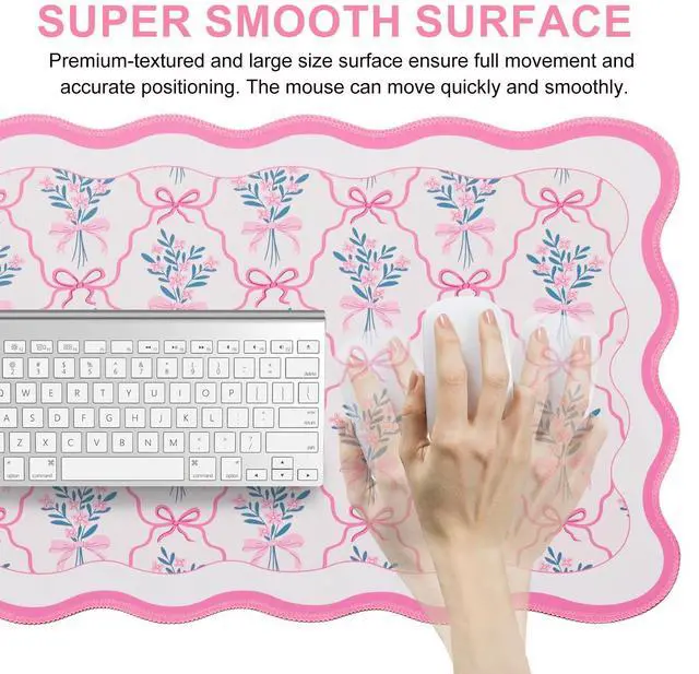 Alt view image 6 of 7 - Pink Mouse Pad,Cute Desk Mat XXL Large Scalloped Gaming Mousepad,35.4x15.7in Non-Slip Rubber Base Keyboard Pad Waterproof Girly Desktop Mat for Laptop Computer Game Home Office-Flower Bow