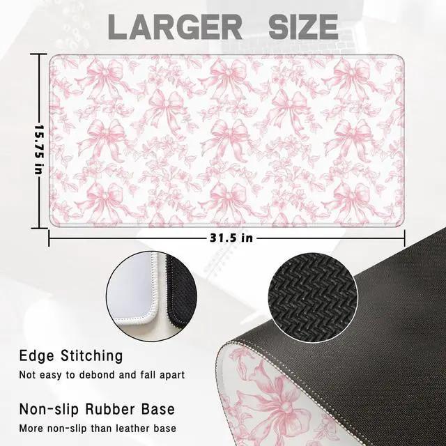 Alt view image 2 of 7 - Coquette Pink Floral Large Mouse Pad 31.5x15.7inch, Trendy Girly Pink Bow Peony Flower Aesthetic Large Extended Computer Desk Mat Mousepad for Keyboard and Mouse, Preppy Desk Accessories