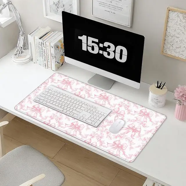 Alt view image 5 of 7 - Coquette Pink Floral Large Mouse Pad 31.5x15.7inch, Trendy Girly Pink Bow Peony Flower Aesthetic Large Extended Computer Desk Mat Mousepad for Keyboard and Mouse, Preppy Desk Accessories