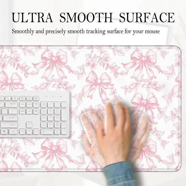 Alt view image 4 of 7 - Coquette Pink Floral Large Mouse Pad 31.5x15.7inch, Trendy Girly Pink Bow Peony Flower Aesthetic Large Extended Computer Desk Mat Mousepad for Keyboard and Mouse, Preppy Desk Accessories