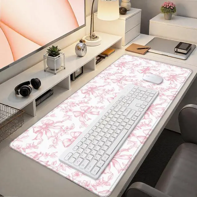 Alt view image 7 of 7 - Coquette Pink Floral Large Mouse Pad 31.5x15.7inch, Trendy Girly Pink Bow Peony Flower Aesthetic Large Extended Computer Desk Mat Mousepad for Keyboard and Mouse, Preppy Desk Accessories