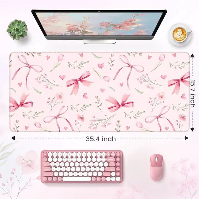 Alt view image 2 of 6 - Pink Coquette Desk Mat, Cute Large Mouse Pad for Keyboard, Non-Slip Waterproof Desk Pad, Office Desktop Mat with Stitched Edges, Desk Decor for Women Office Aesthetics