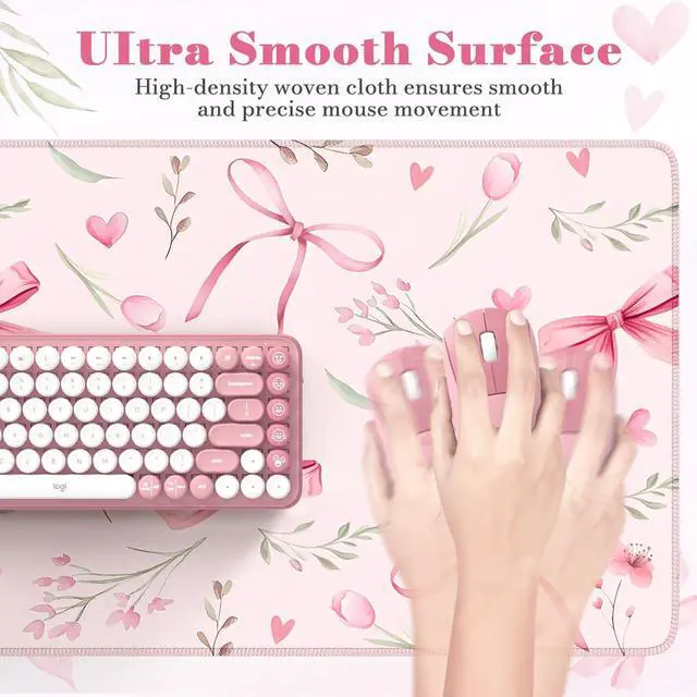 Alt view image 3 of 6 - Pink Coquette Desk Mat, Cute Large Mouse Pad for Keyboard, Non-Slip Waterproof Desk Pad, Office Desktop Mat with Stitched Edges, Desk Decor for Women Office Aesthetics